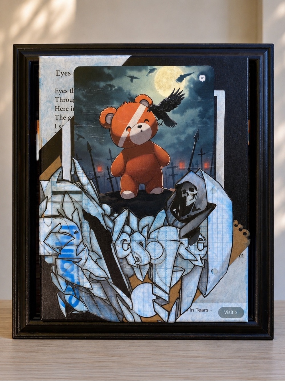 EYESORE Bear Crow Framed Mixed Media Artwork Pop Surrealism Graffiti Art 16.75"